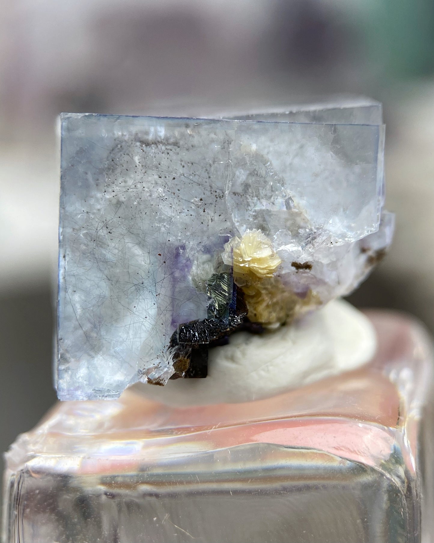 Glassy Ice Blue Cubic Fluorite with Pyrite Crystal