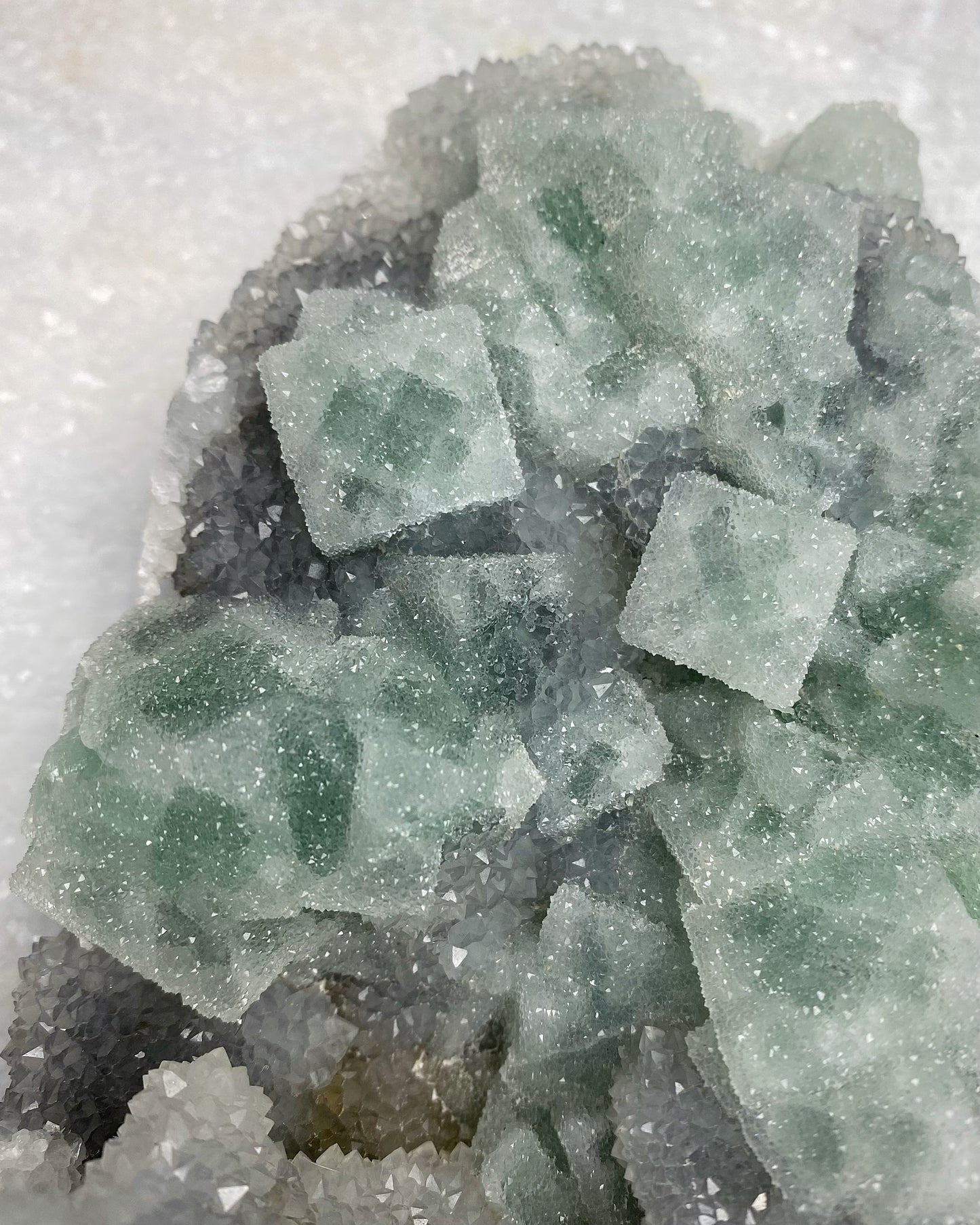 Green Cubic Sugar Fluorite with Quartz Statement Piece