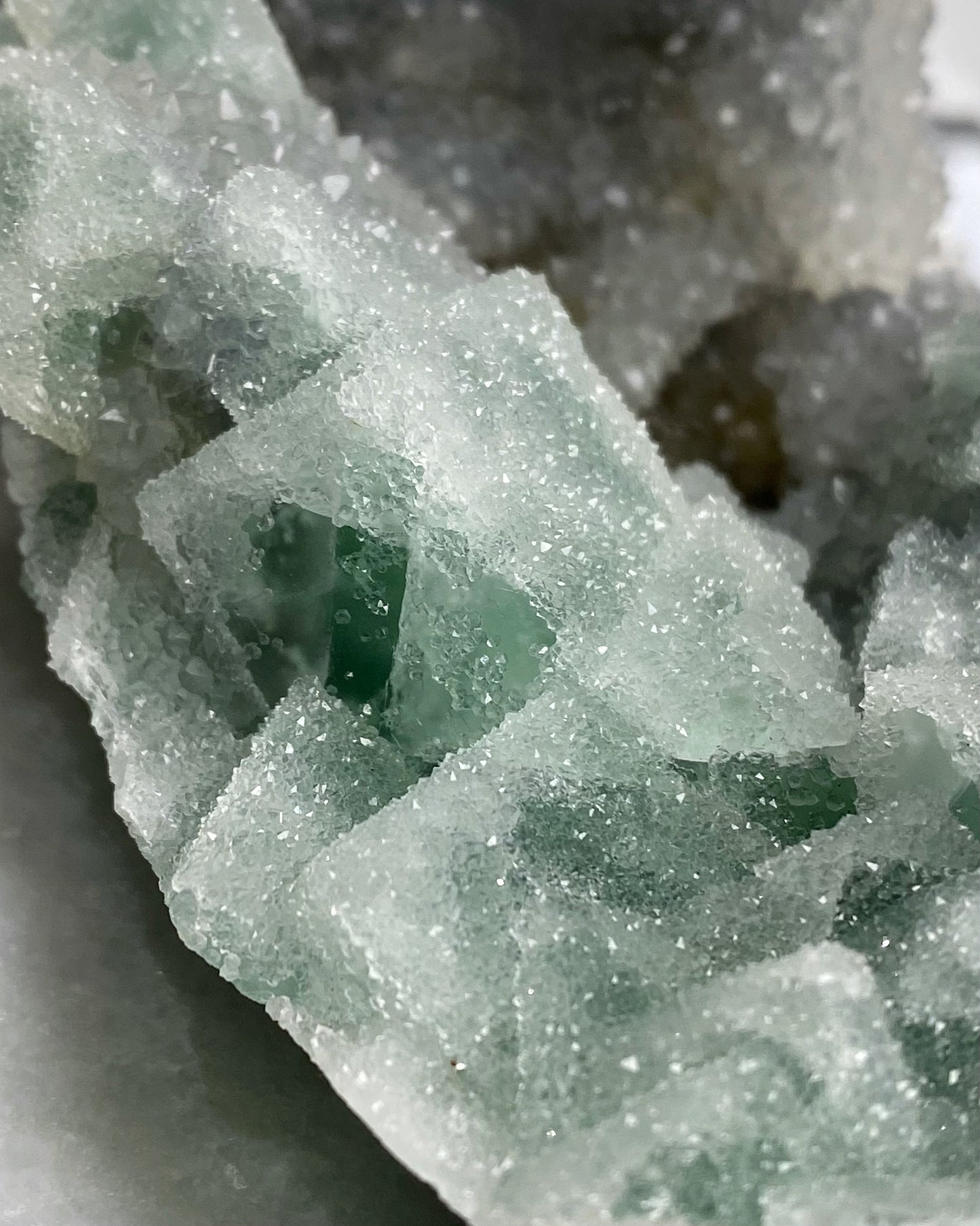 Green Cubic Sugar Fluorite with Quartz Statement Piece