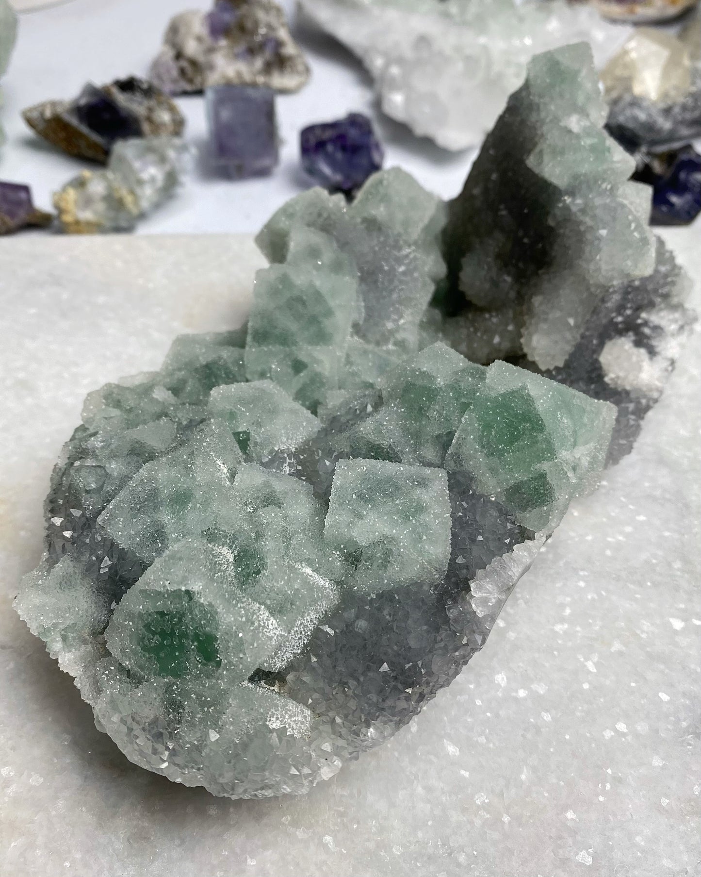 Green Cubic Sugar Fluorite with Quartz Statement Piece