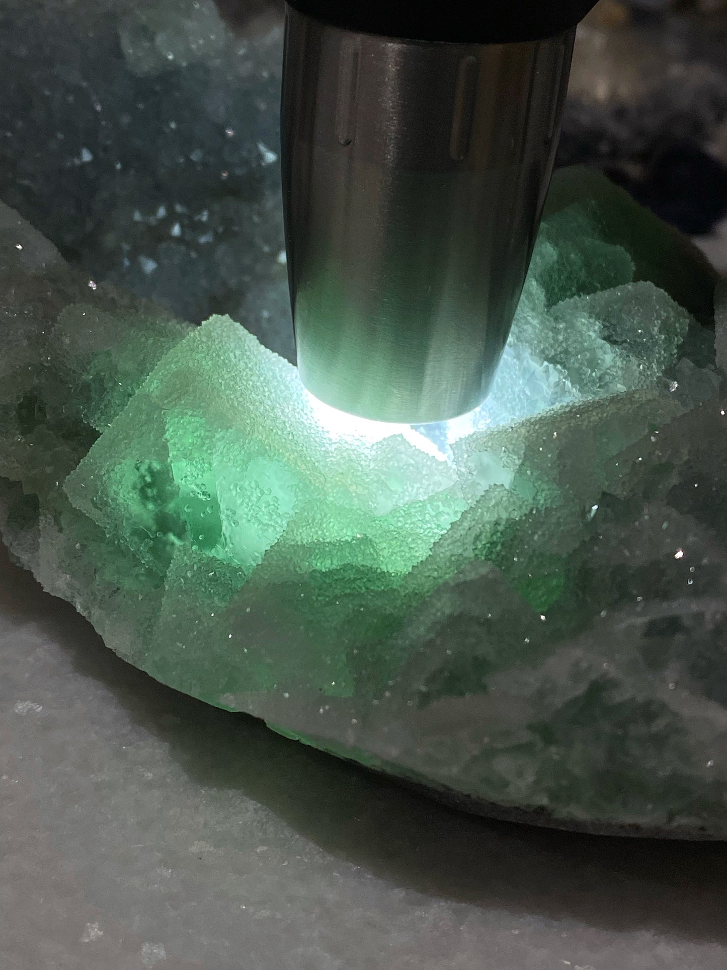 Green Cubic Sugar Fluorite with Quartz Statement Piece