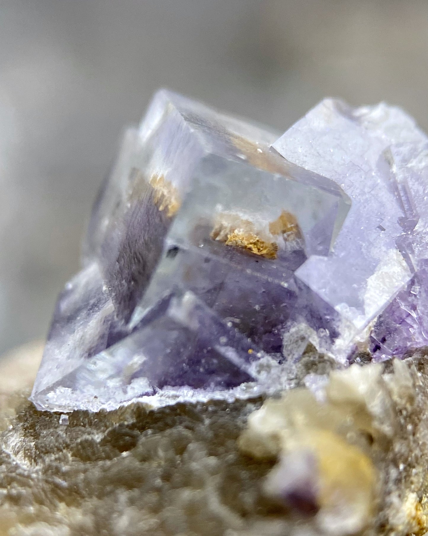 Purple Cubic Fluorite with Orange Inclusion on Muscovite