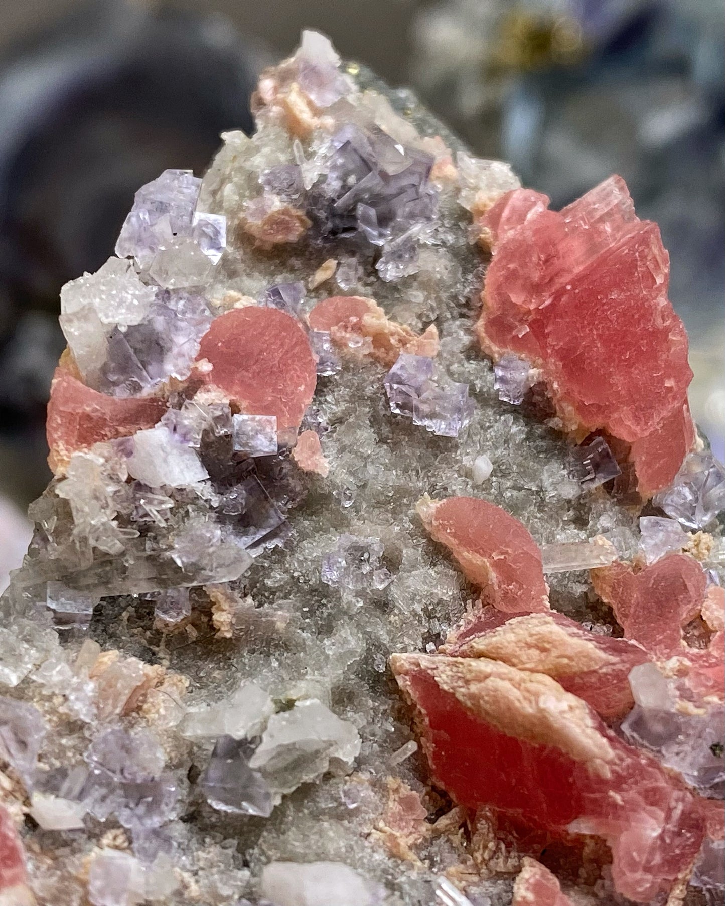 Rhodochrosite with Purple Cubic Fluorite