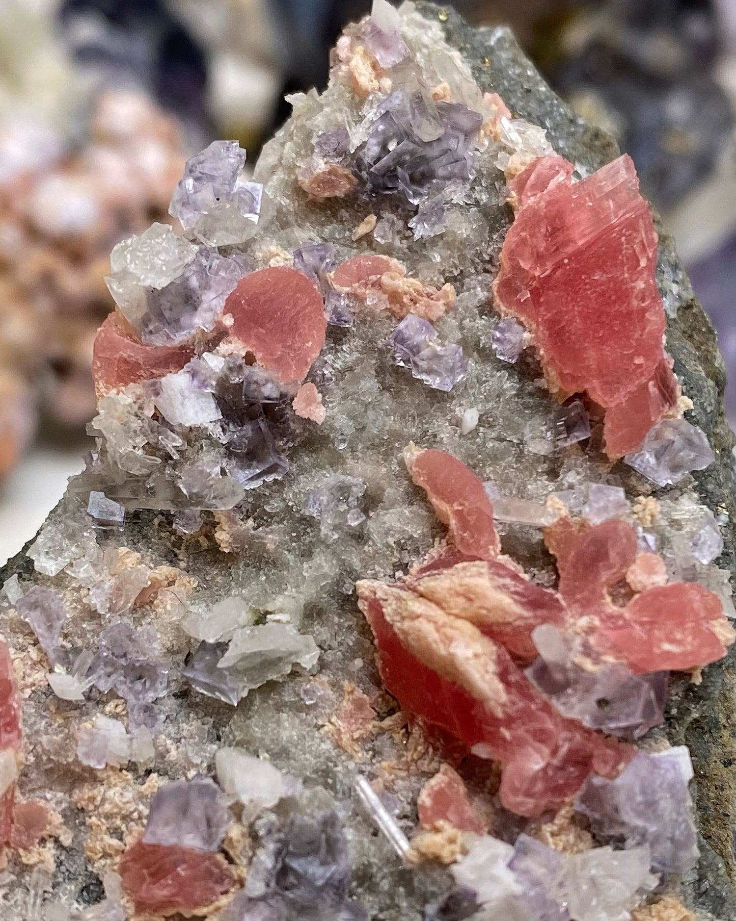 Rhodochrosite with Purple Cubic Fluorite