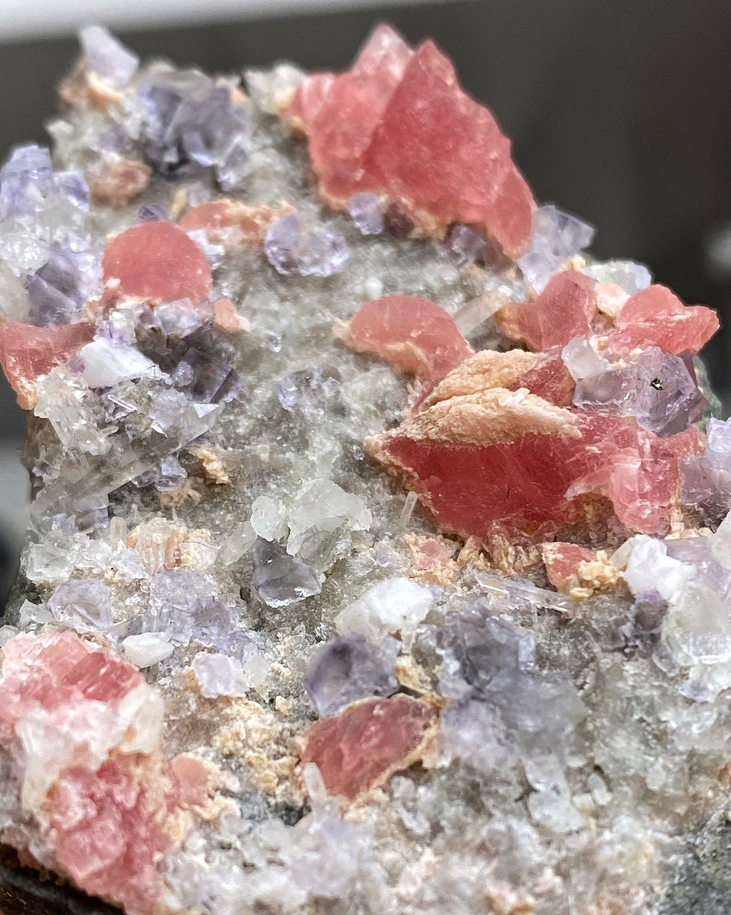 Rhodochrosite with Purple Cubic Fluorite