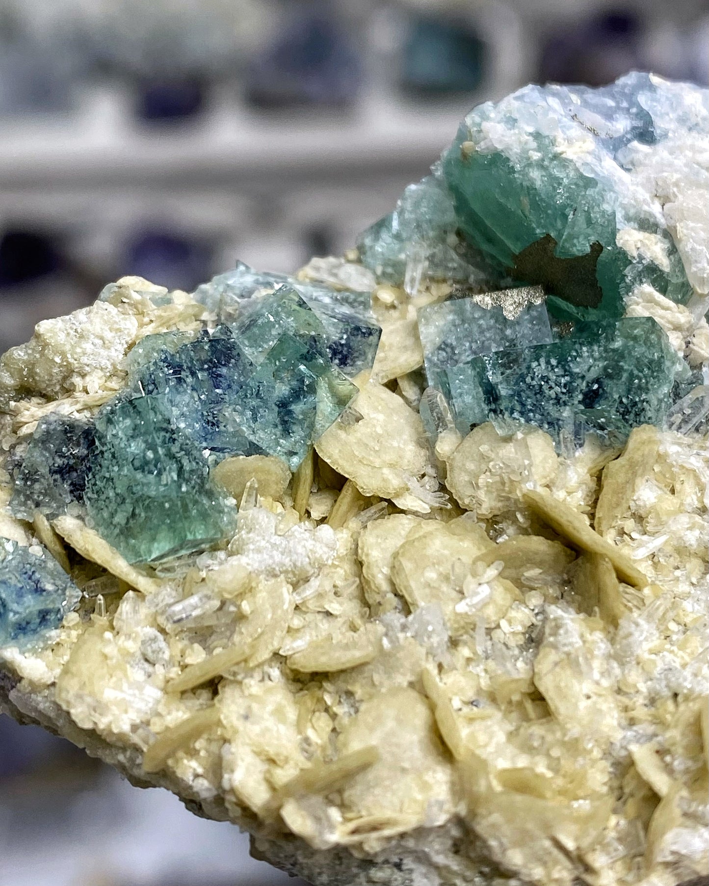Green Blue Fluorite with Pyrite, Siderite, Quartz