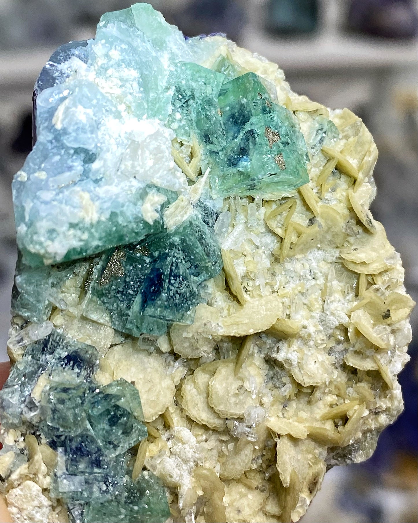 Green Blue Fluorite with Pyrite, Siderite, Quartz
