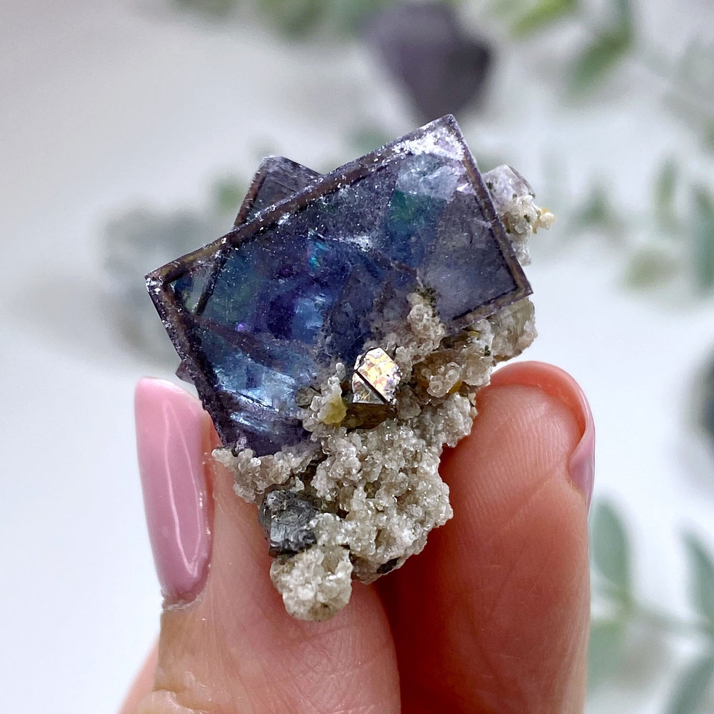 Blue Green Purple Fluorite Cubes with Pyrite Specimen