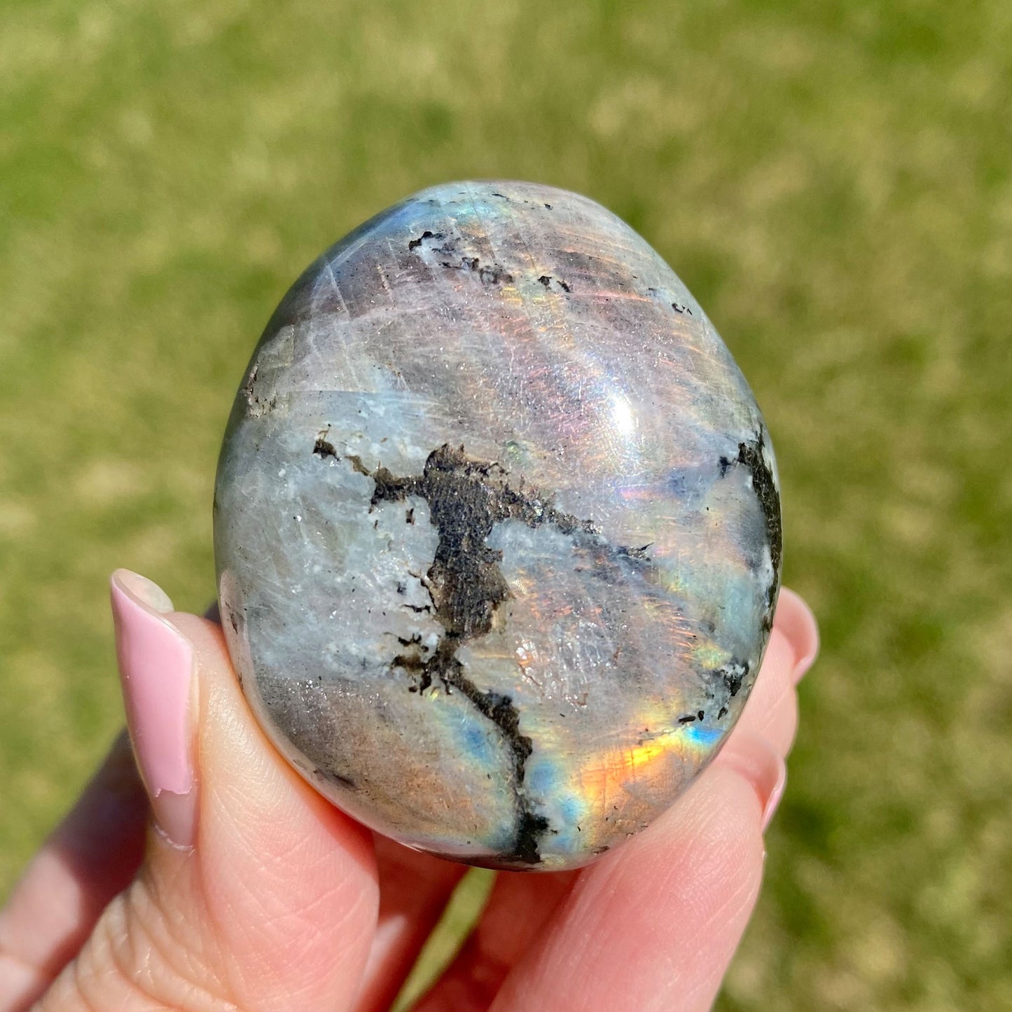 Labradorite Palm Stone Silver Pink Orange Flash