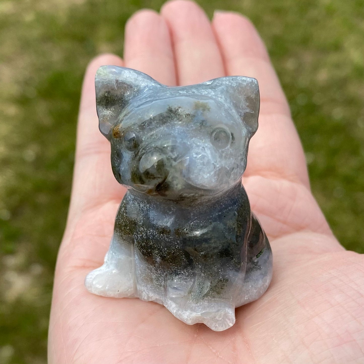 Moss Agate Frenchie French Bulldog Dog Carving