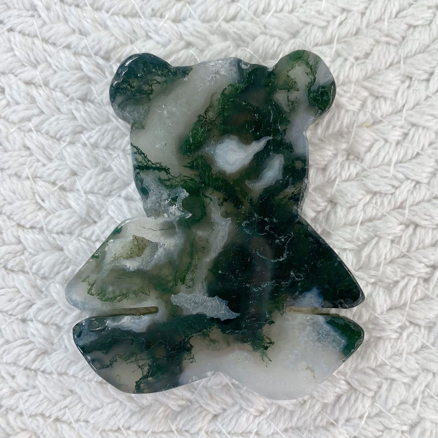 Moss Agate Bear Carving with Sparkly Druzy