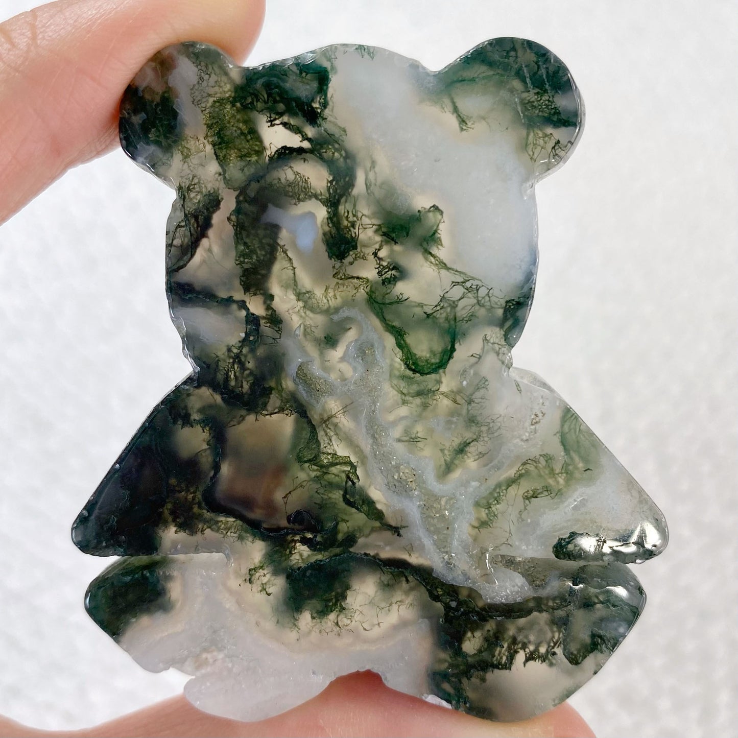 Moss Agate Bear Carving with Sparkly Druzy