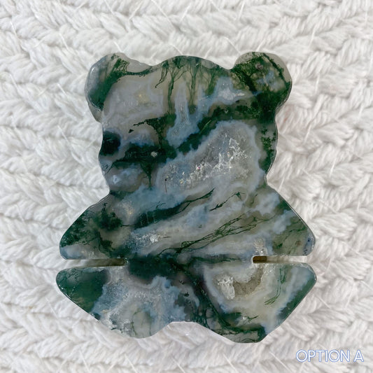 Moss Agate Bear Carving with Sparkly Druzy