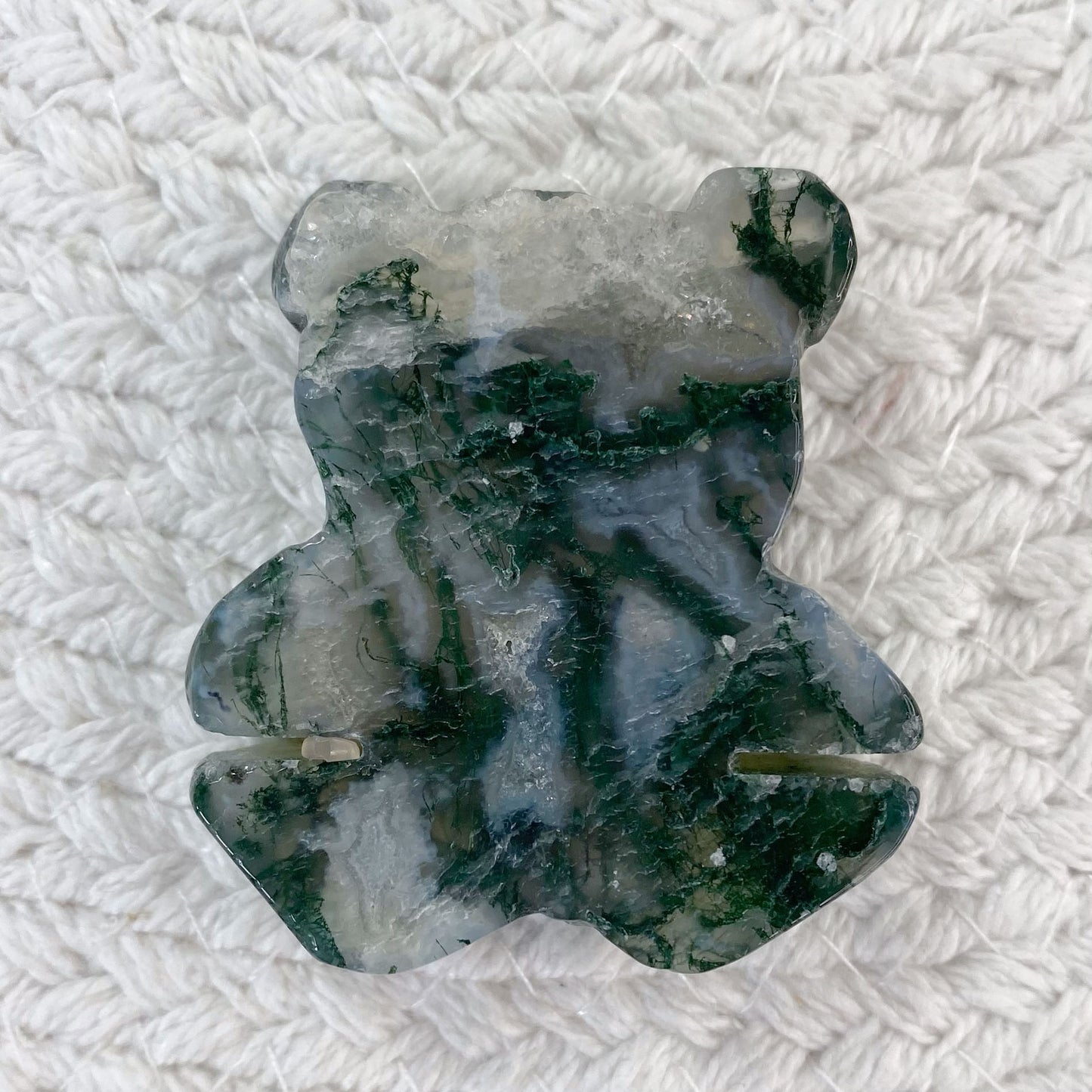 Moss Agate Bear Carving with Sparkly Druzy