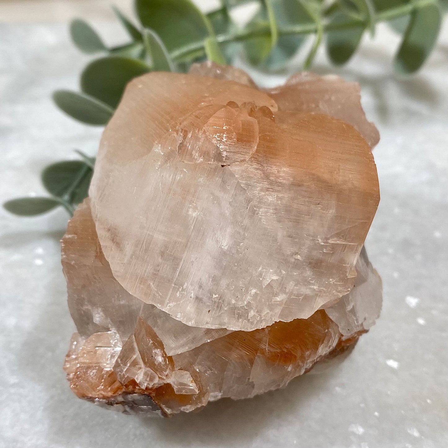 Peachy Red & Clear Calcite Cluster with Rainbow Flash