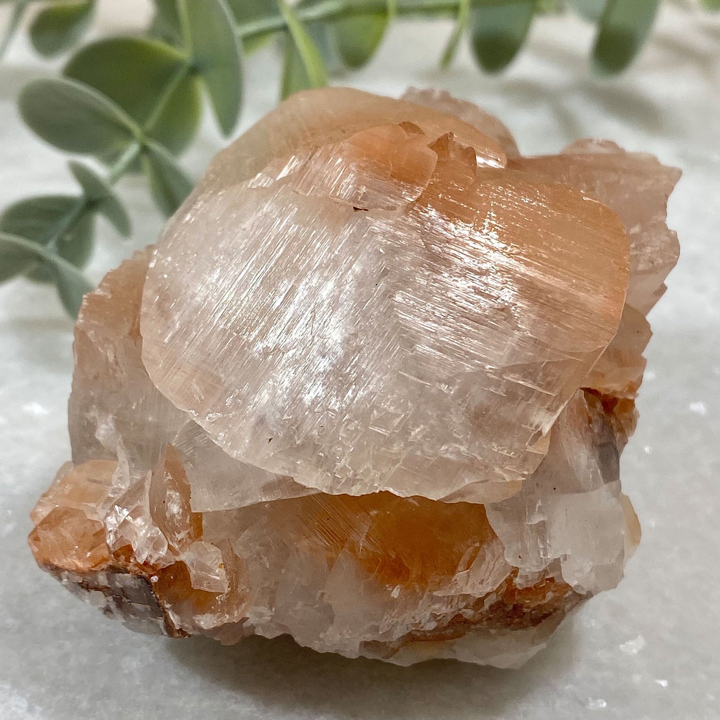 Peachy Red & Clear Calcite Cluster with Rainbow Flash