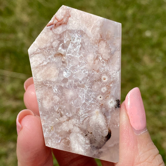 Pink Flower Agate with Quartz Druzy Freeform