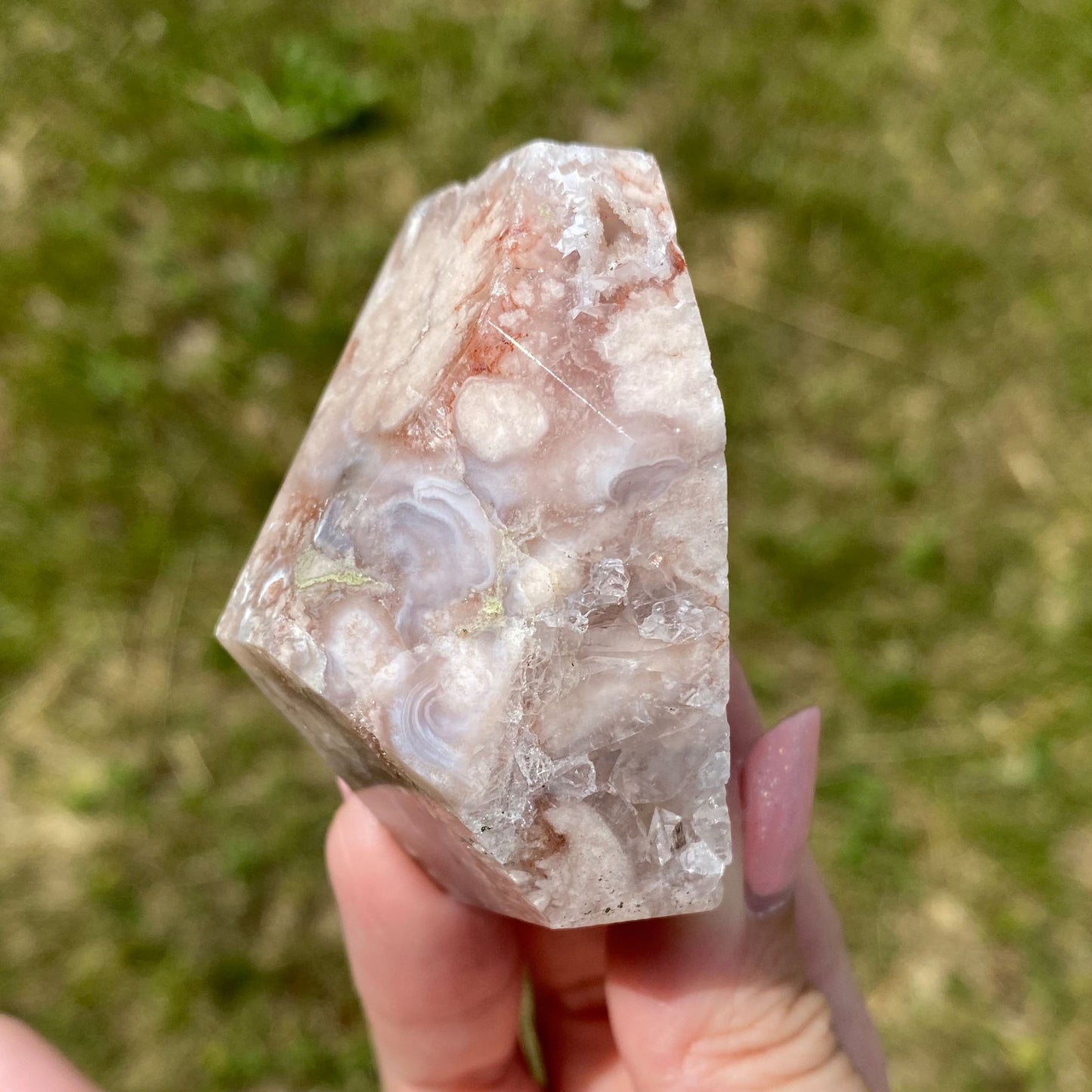 Pink Flower Agate with Quartz Druzy Freeform