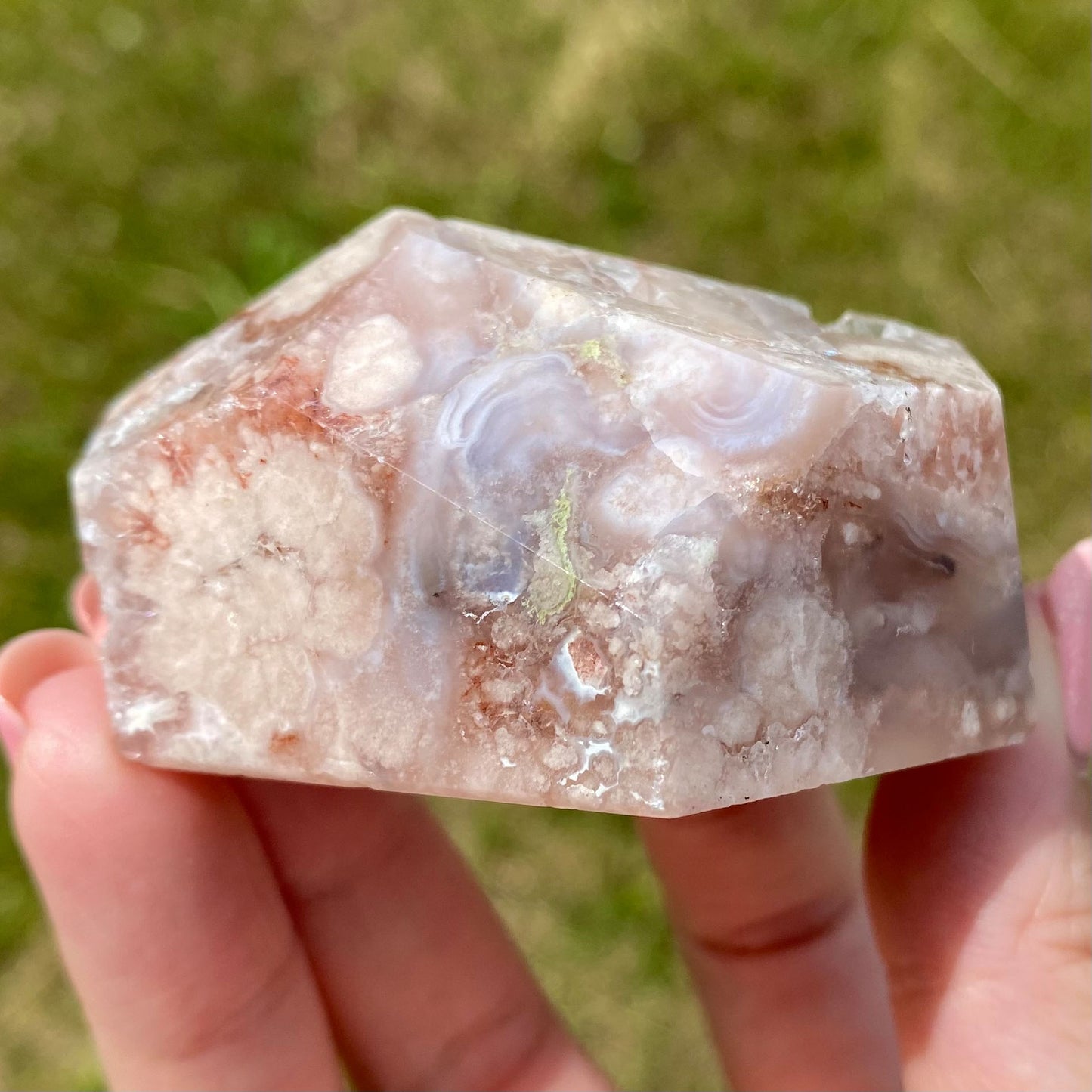 Pink Flower Agate with Quartz Druzy Freeform