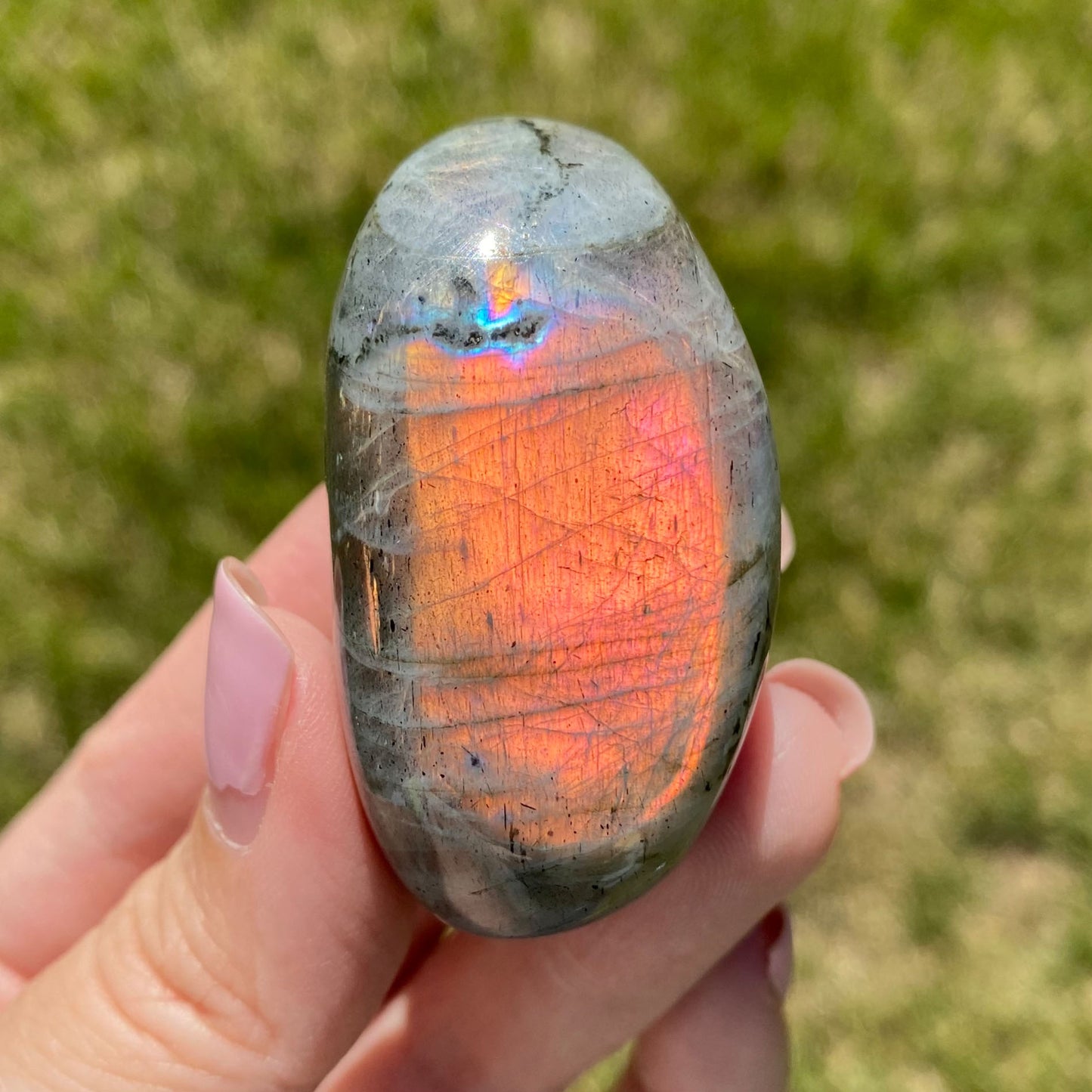 Labradorite Palm Stone Pink Orange Full Flash
