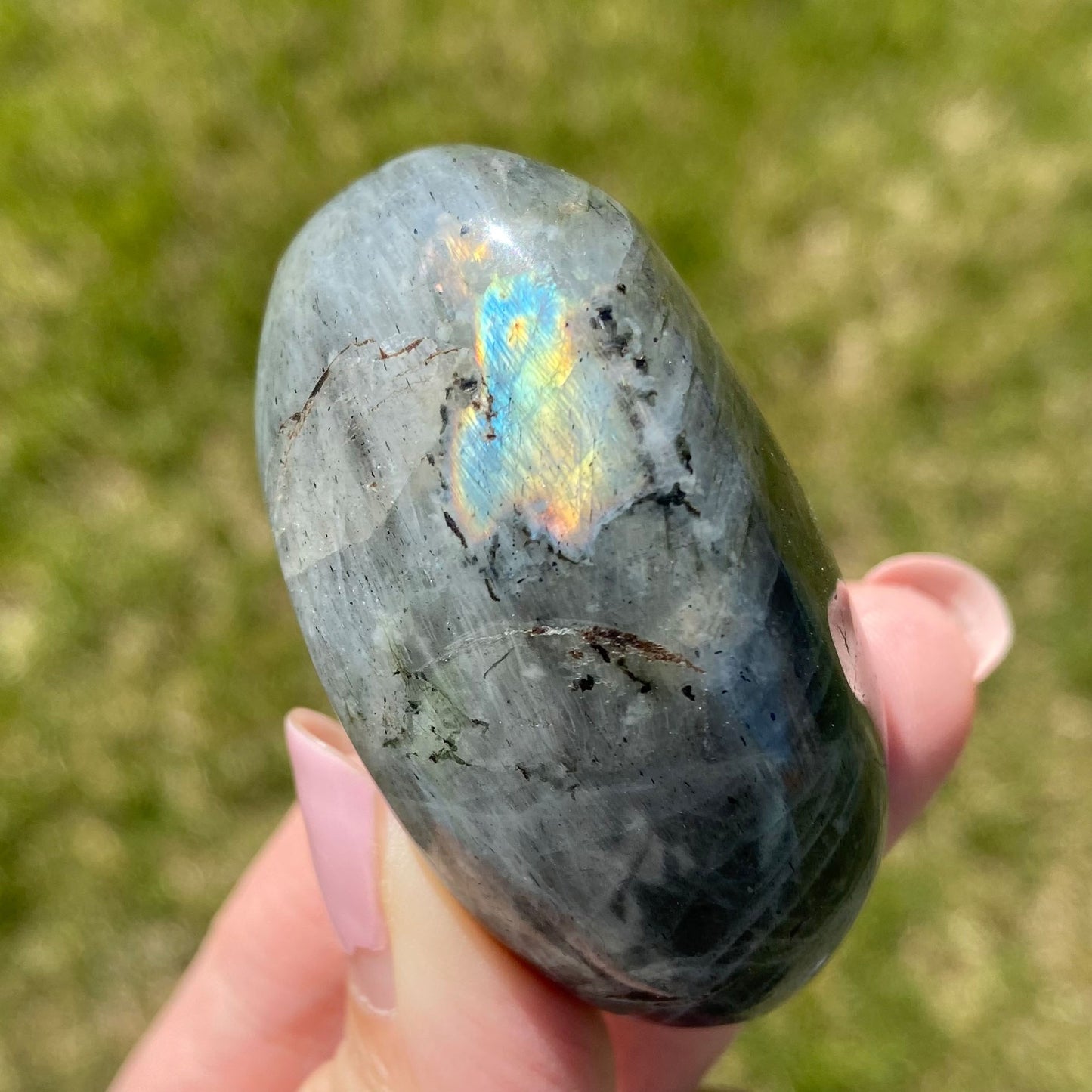 Labradorite Palm Stone Pink Orange Full Flash