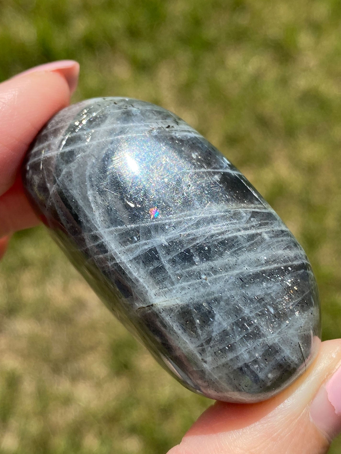 Labradorite Palm Stone Pink Orange Full Flash