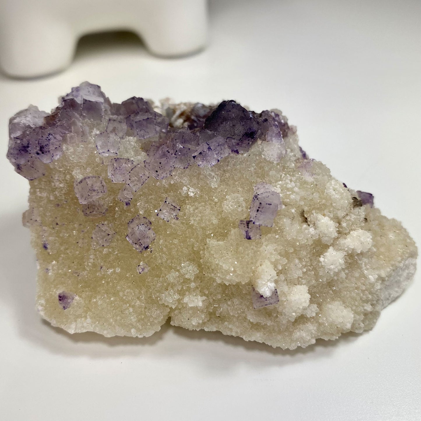 Purple with Dotted Edges Cubic Fluorite on Quartz Cluster