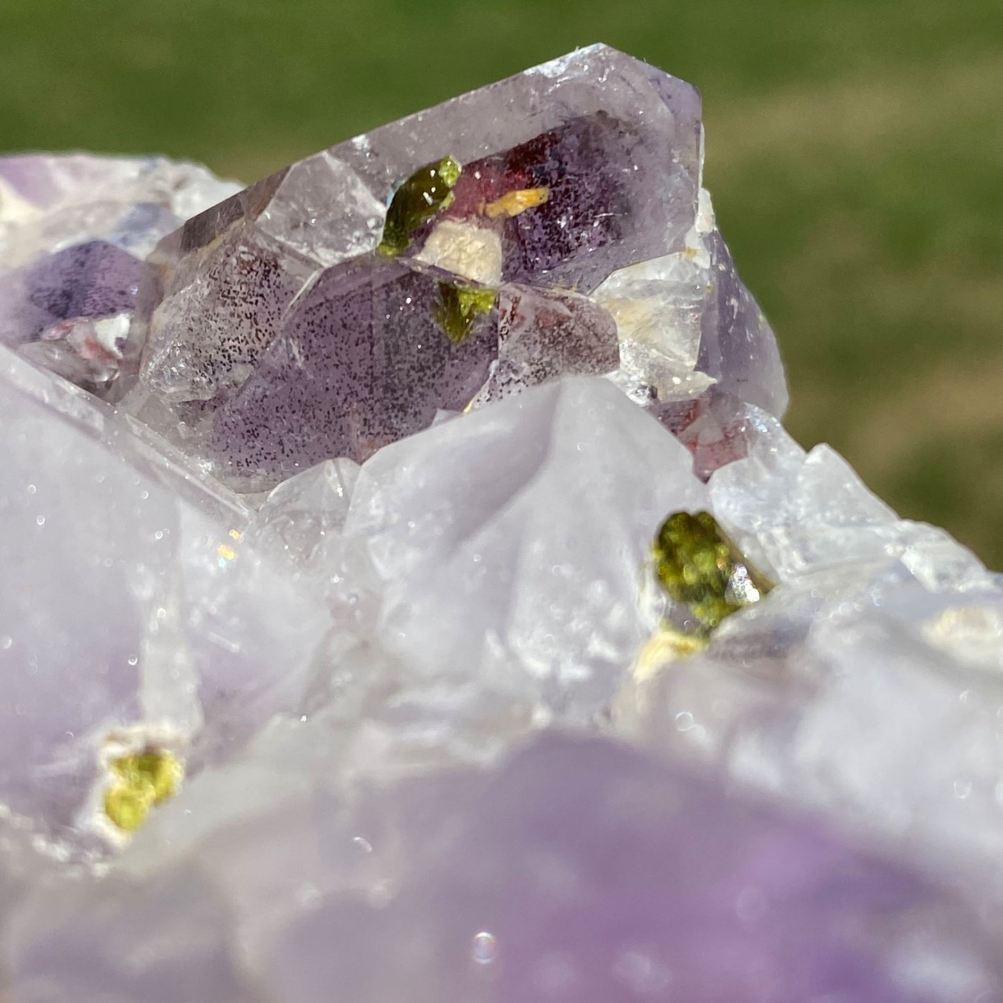 Amethyst Cluster with Hematite Phantoms and Epidote
