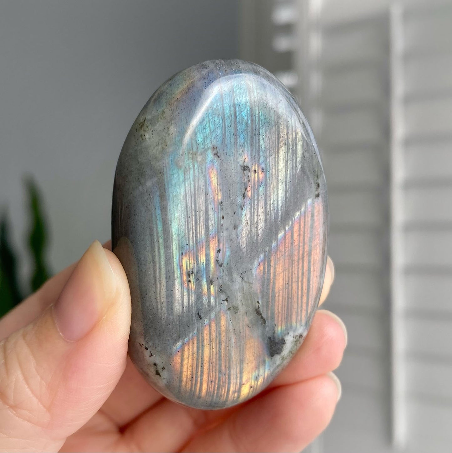 Teal White Orange Yellow Flash Labradorite Palm Stone
