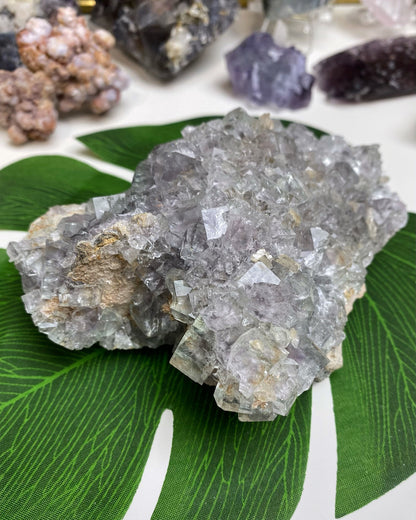 Clear Glassy Light Green & Purple Cubic Fluorite Cluster