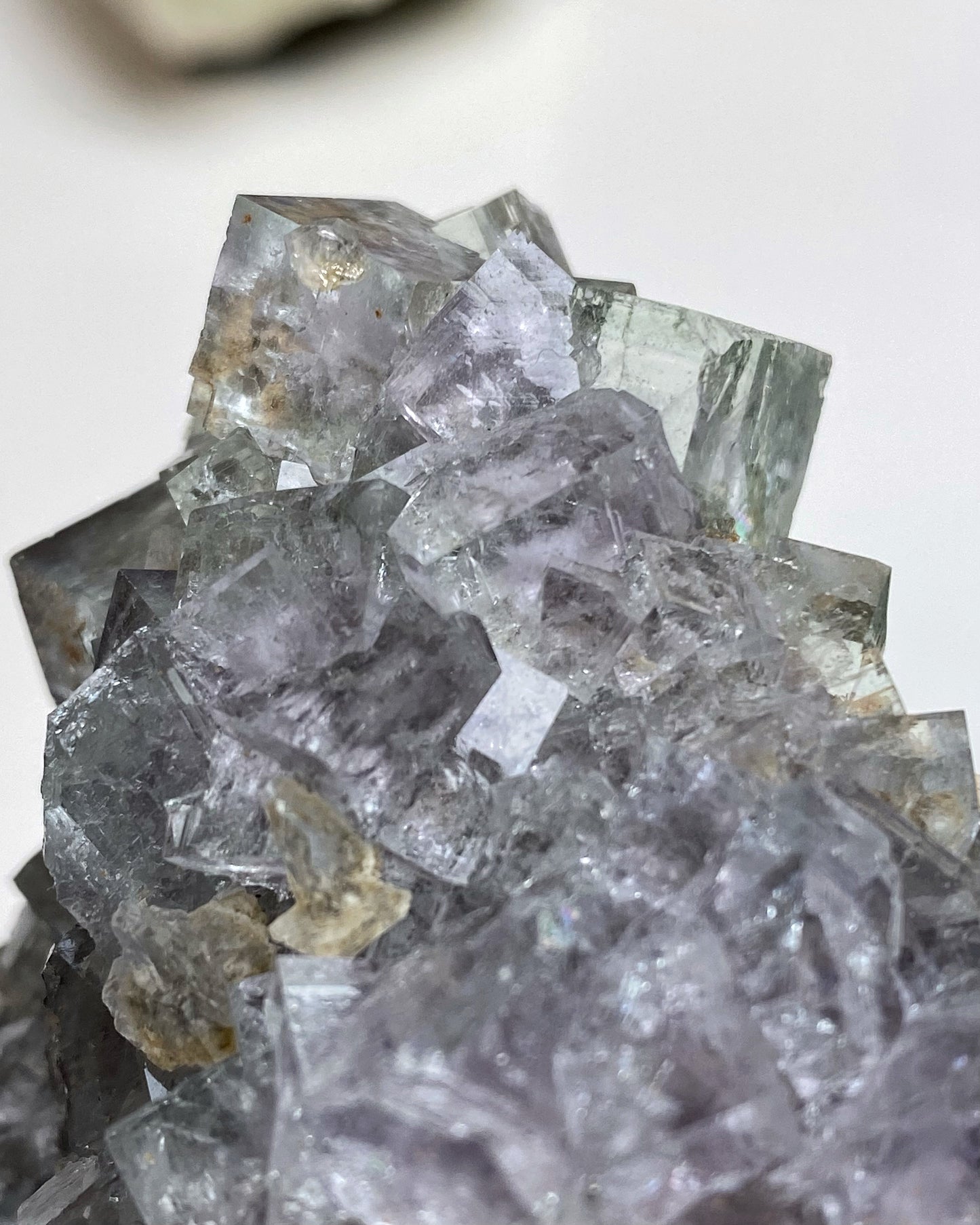 Clear Glassy Light Green & Purple Cubic Fluorite Cluster