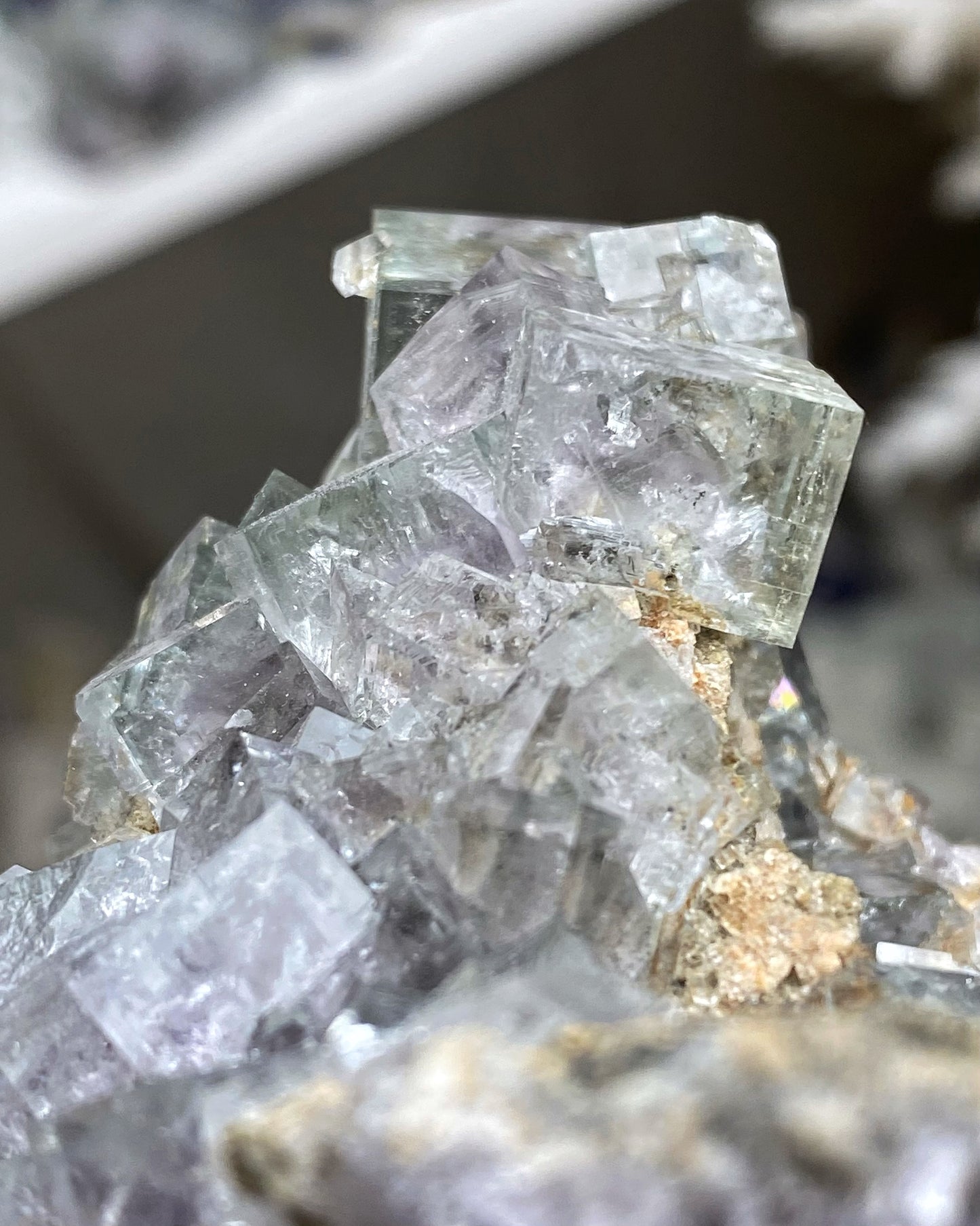 Clear Glassy Light Green & Purple Cubic Fluorite Cluster