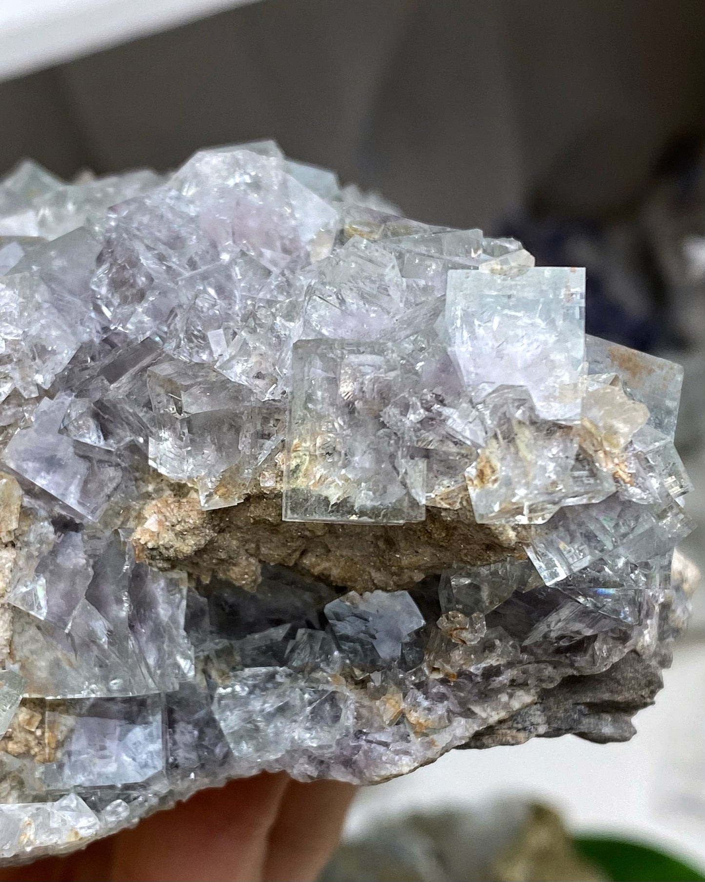 Clear Glassy Light Green & Purple Cubic Fluorite Cluster