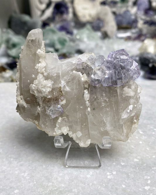 Glassy Fluorite with Rainbow Chalcopyrite, Scheelite, Quartz