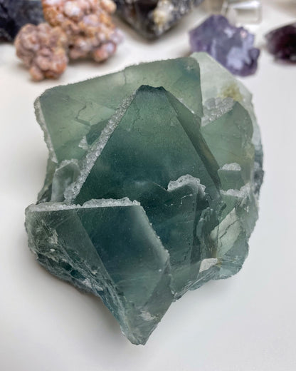 Green Blue Octahedral Fluorite with Clear Cubic Fluorite