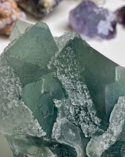 Green Blue Octahedral Fluorite with Clear Cubic Fluorite