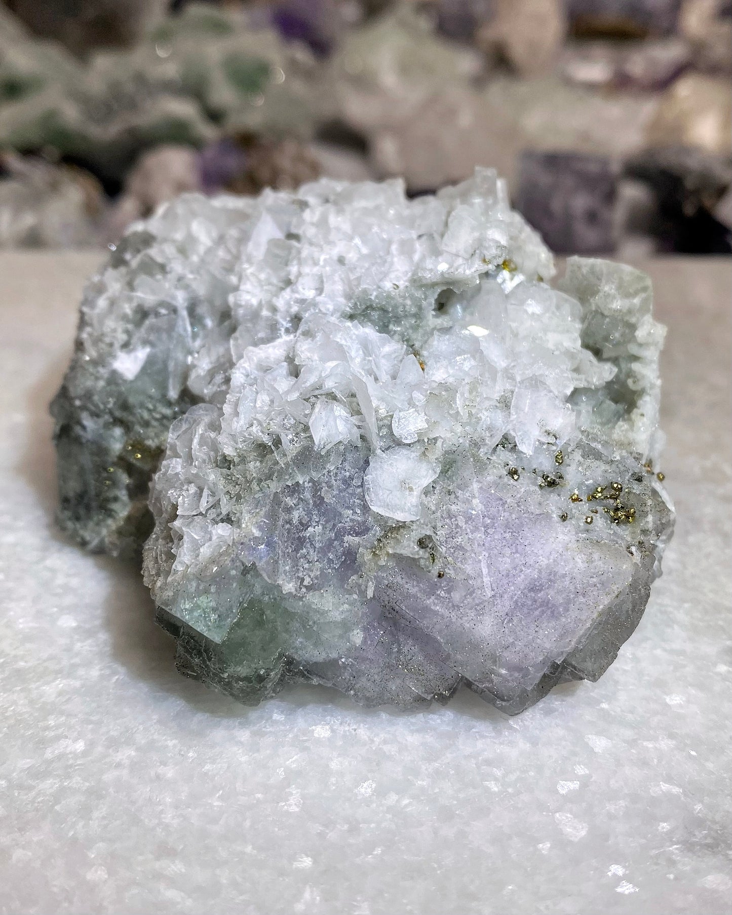 Lavender & Green Fluorite with Sparkly Chalcopyrite & Calcite