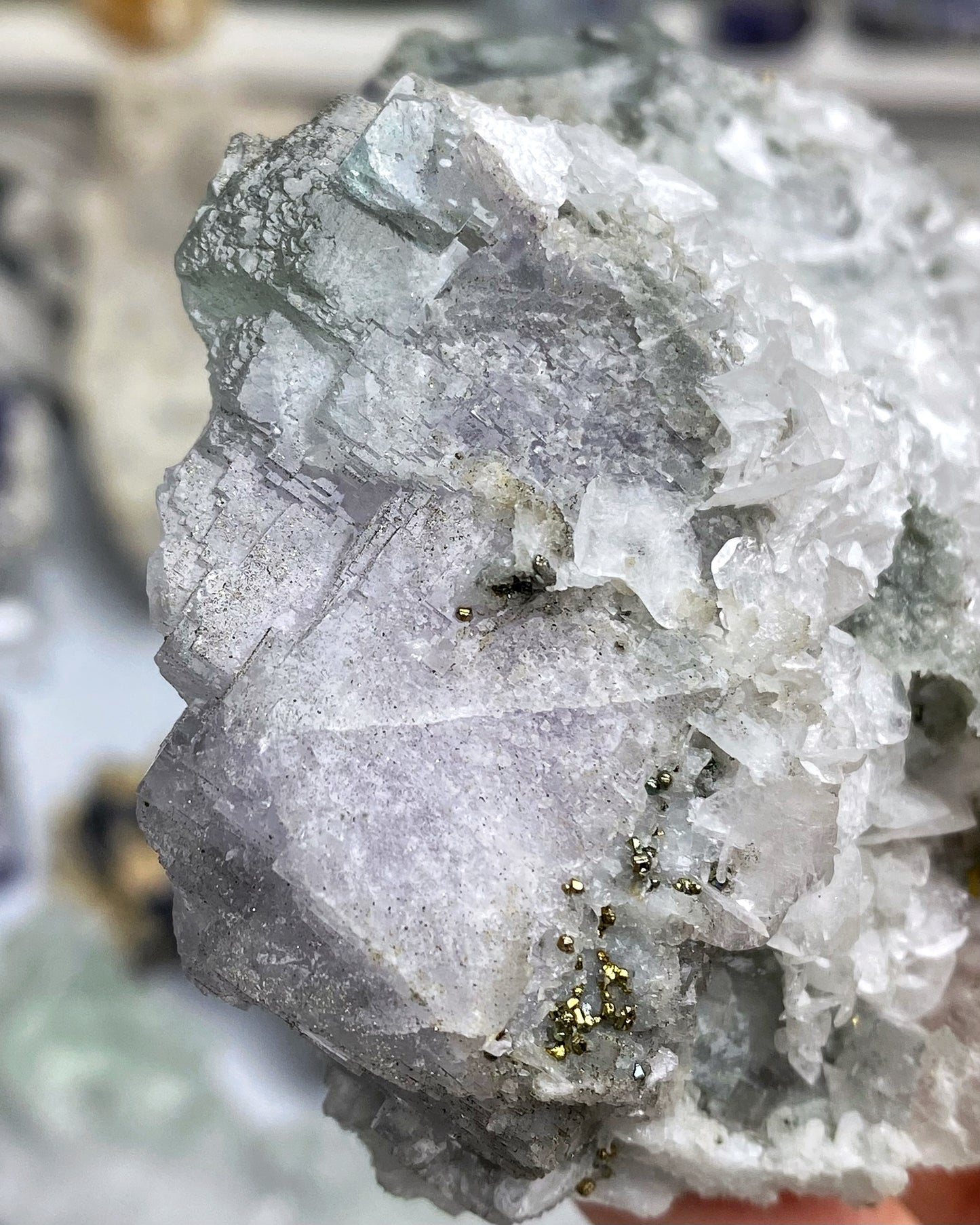 Lavender & Green Fluorite with Sparkly Chalcopyrite & Calcite