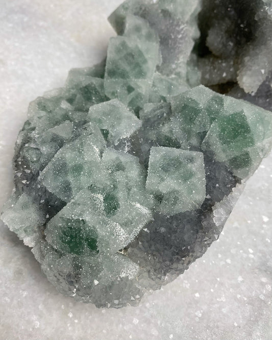 Green Cubic Sugar Fluorite with Quartz Statement Piece