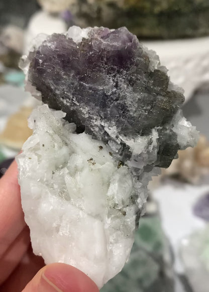 Purple & Green Fluorite with Sparkly Chalcopyrite, Calcite & Quartz