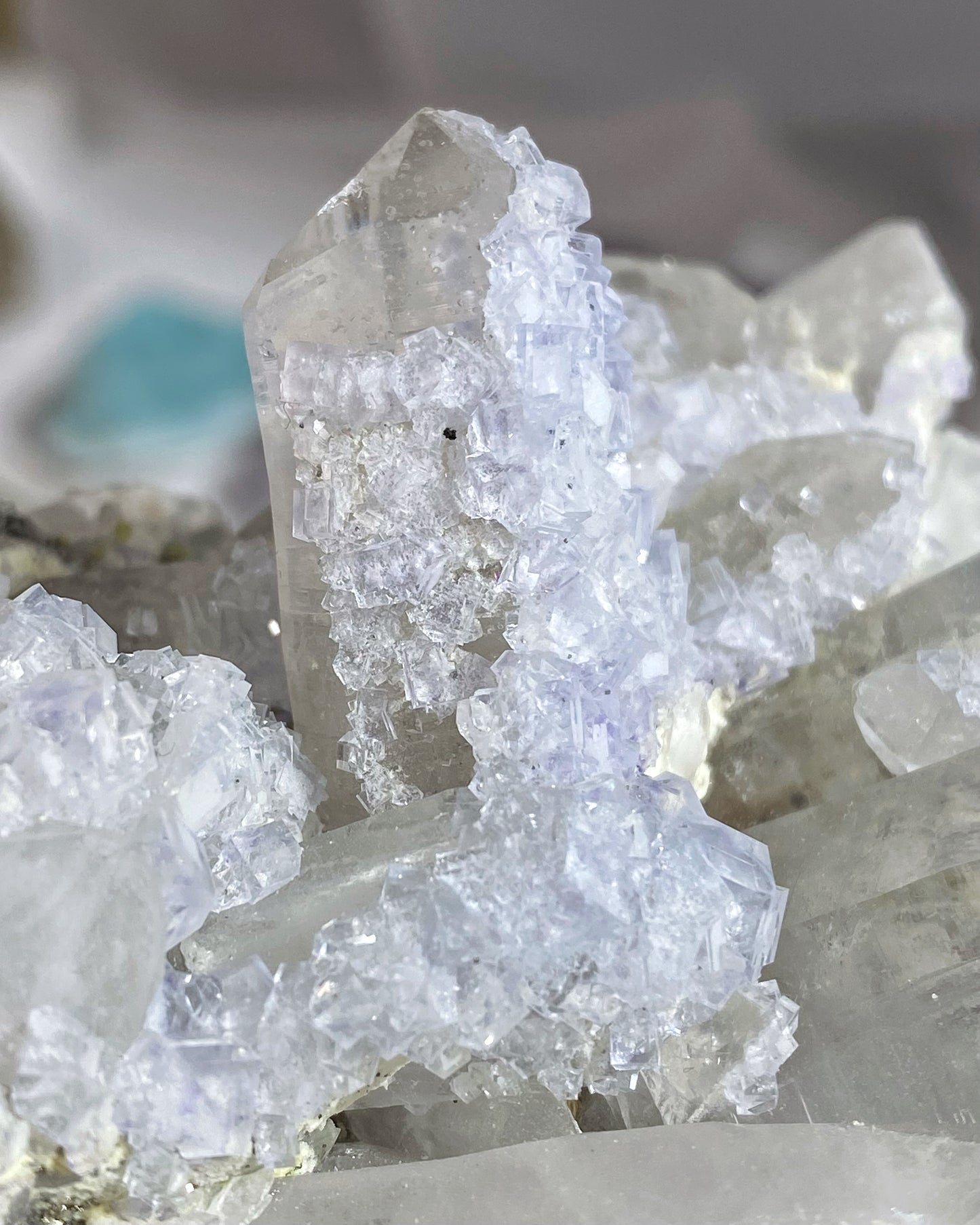 Lilac Purple Cubic Fluorite on Quartz Cluster