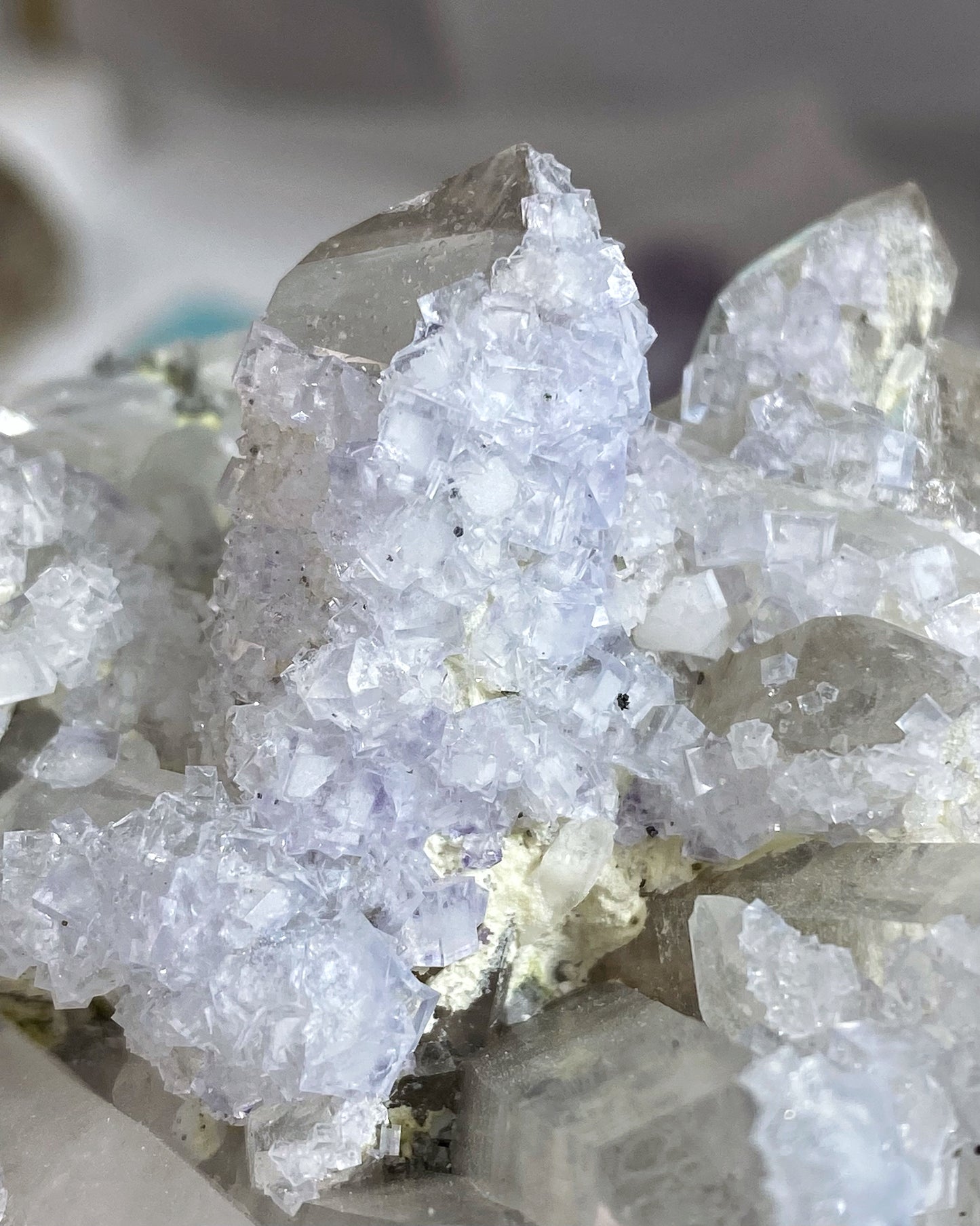 Lilac Purple Cubic Fluorite on Quartz Cluster