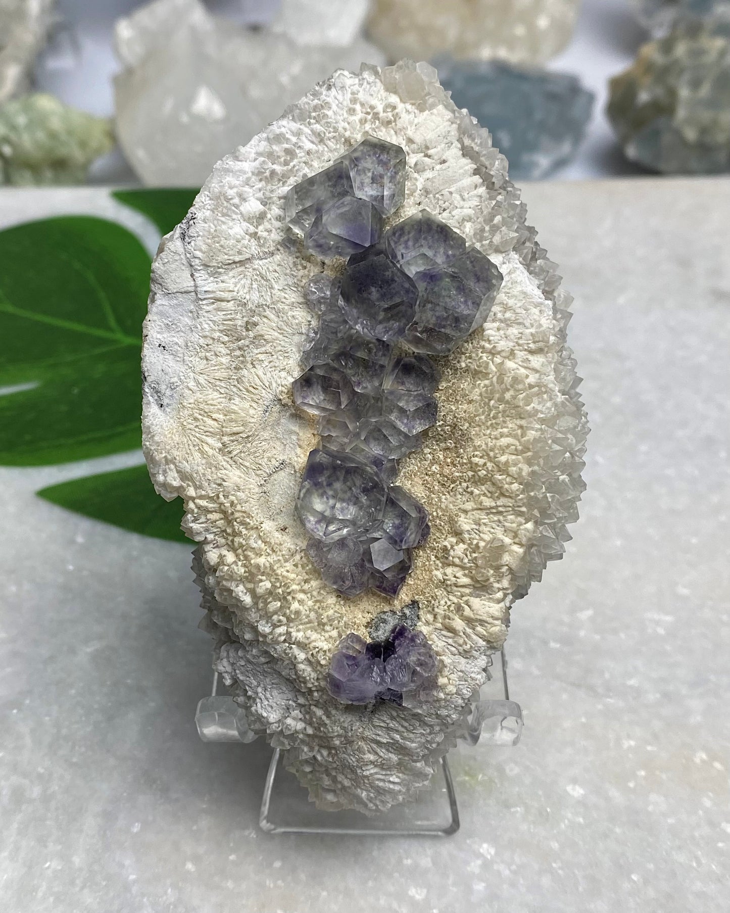 Polyhedral Green Purple Blue Fluorite with Quartz