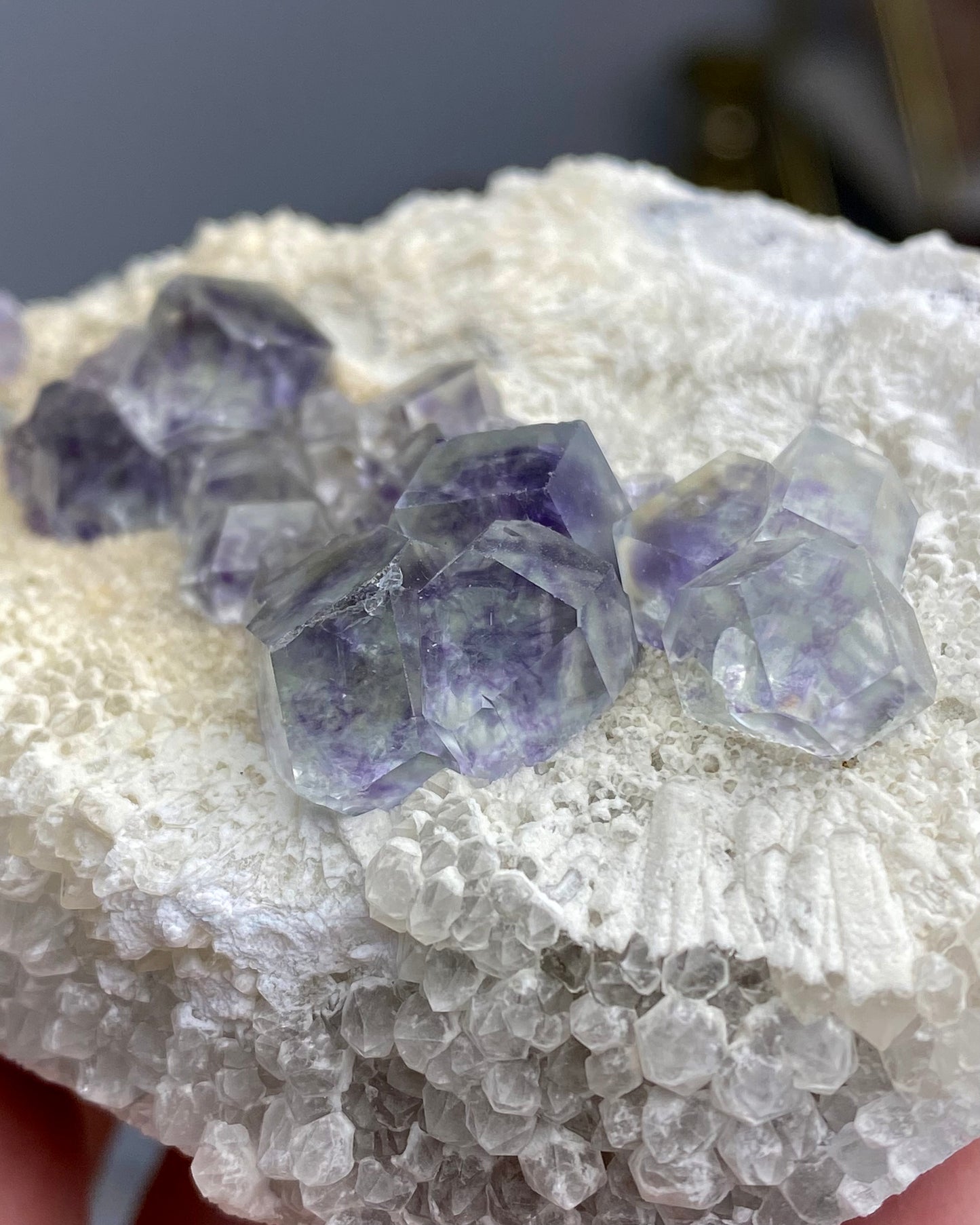Polyhedral Green Purple Blue Fluorite with Quartz