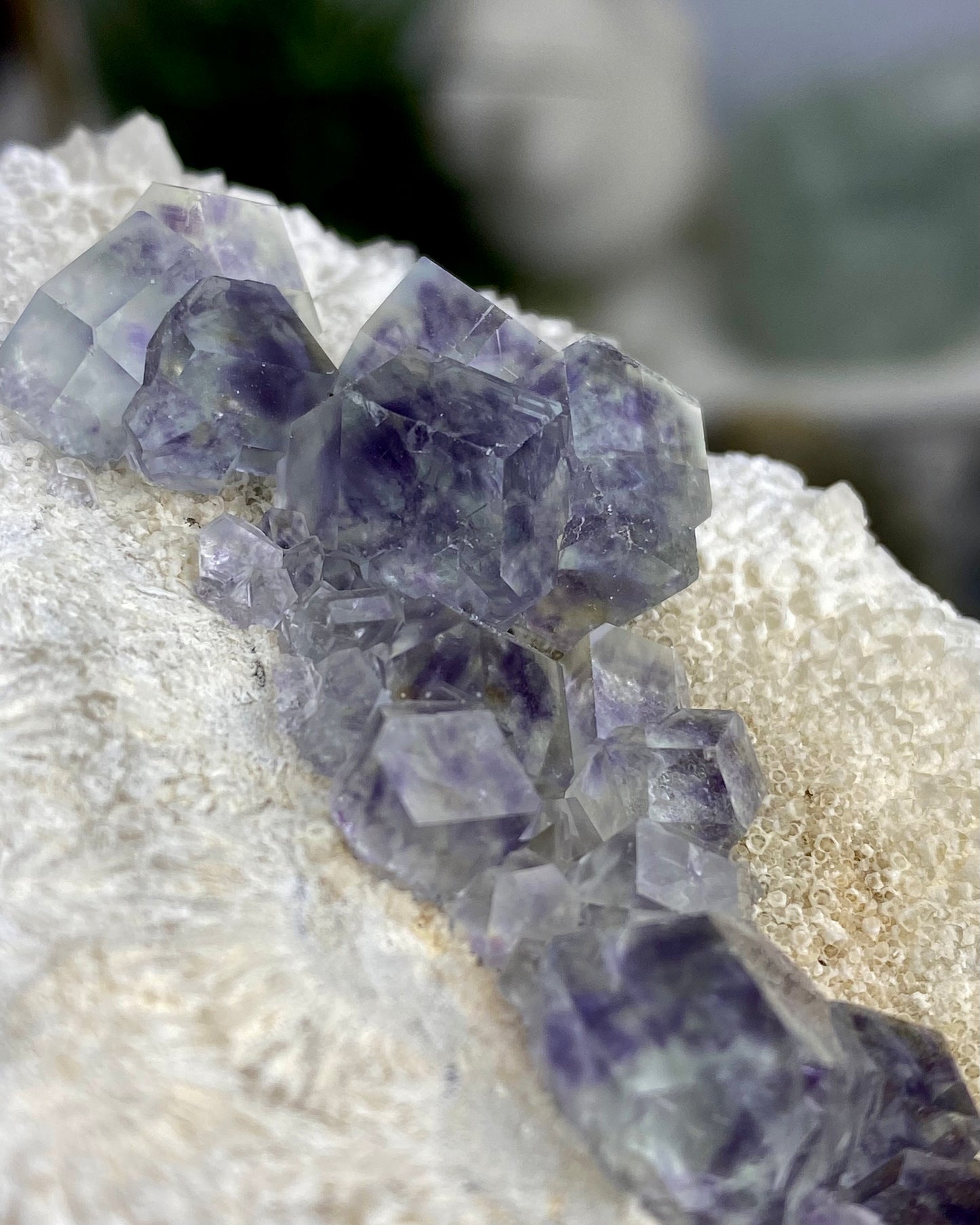 Polyhedral Green Purple Blue Fluorite with Quartz