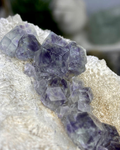 Polyhedral Green Purple Blue Fluorite with Quartz