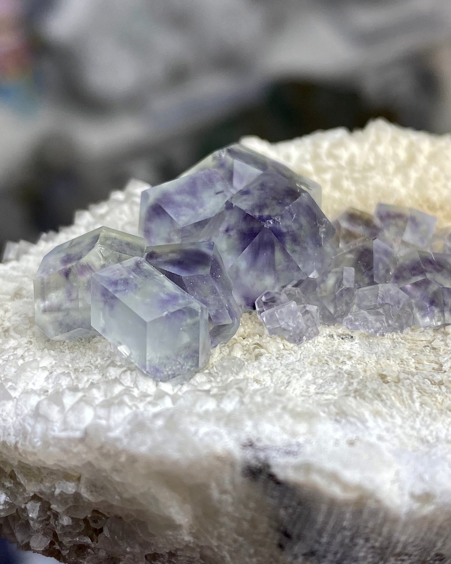 Polyhedral Green Purple Blue Fluorite with Quartz