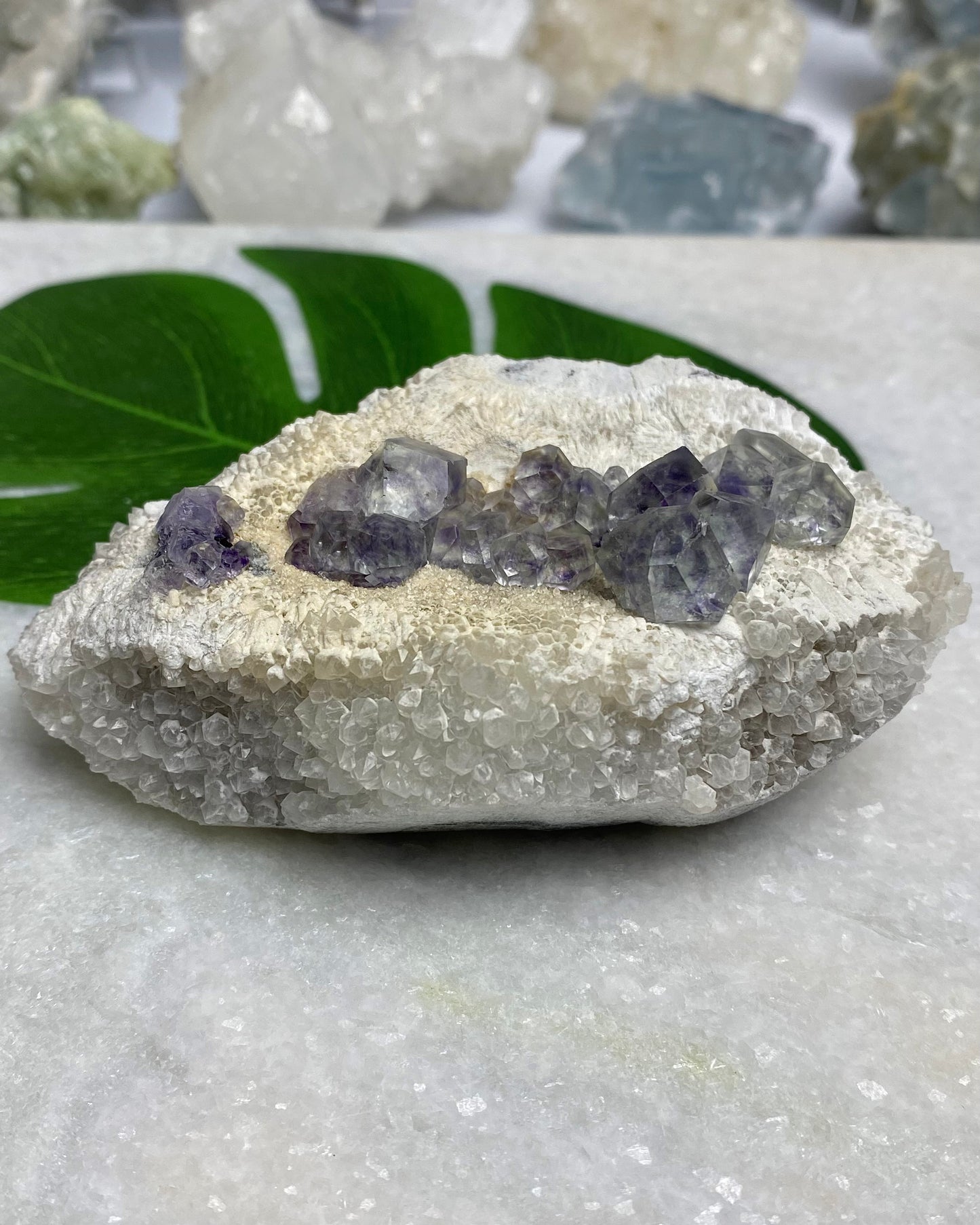Polyhedral Green Purple Blue Fluorite with Quartz