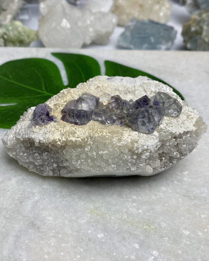 Polyhedral Green Purple Blue Fluorite with Quartz