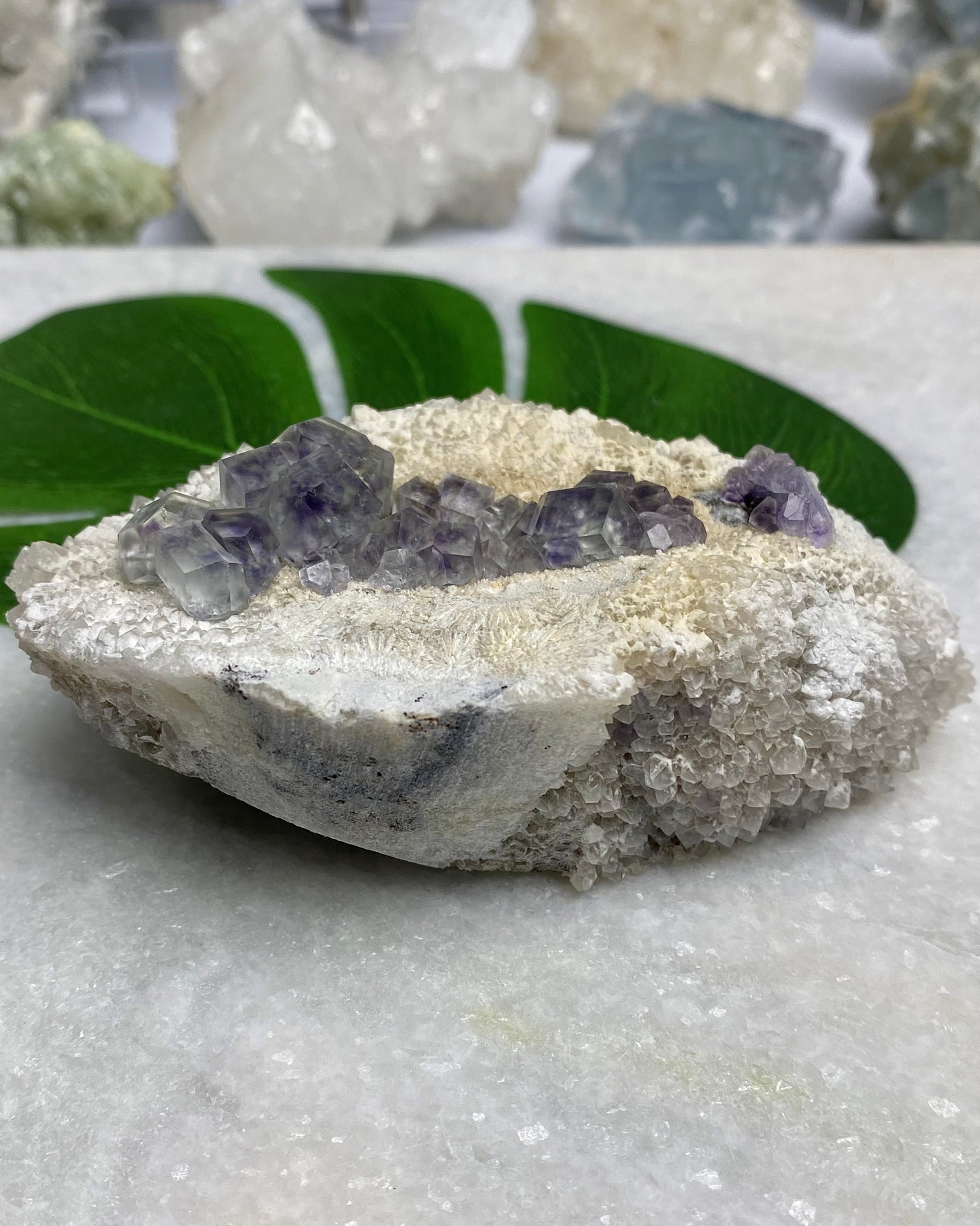 Polyhedral Green Purple Blue Fluorite with Quartz